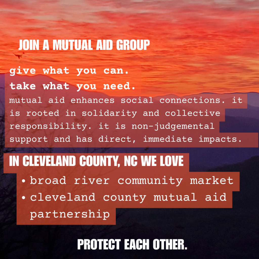 Graphic with and image of a Western North Carolina sunset as the background. Text on the image says "Join a Mutual Aid Group" and outlines a few details from the post content. 