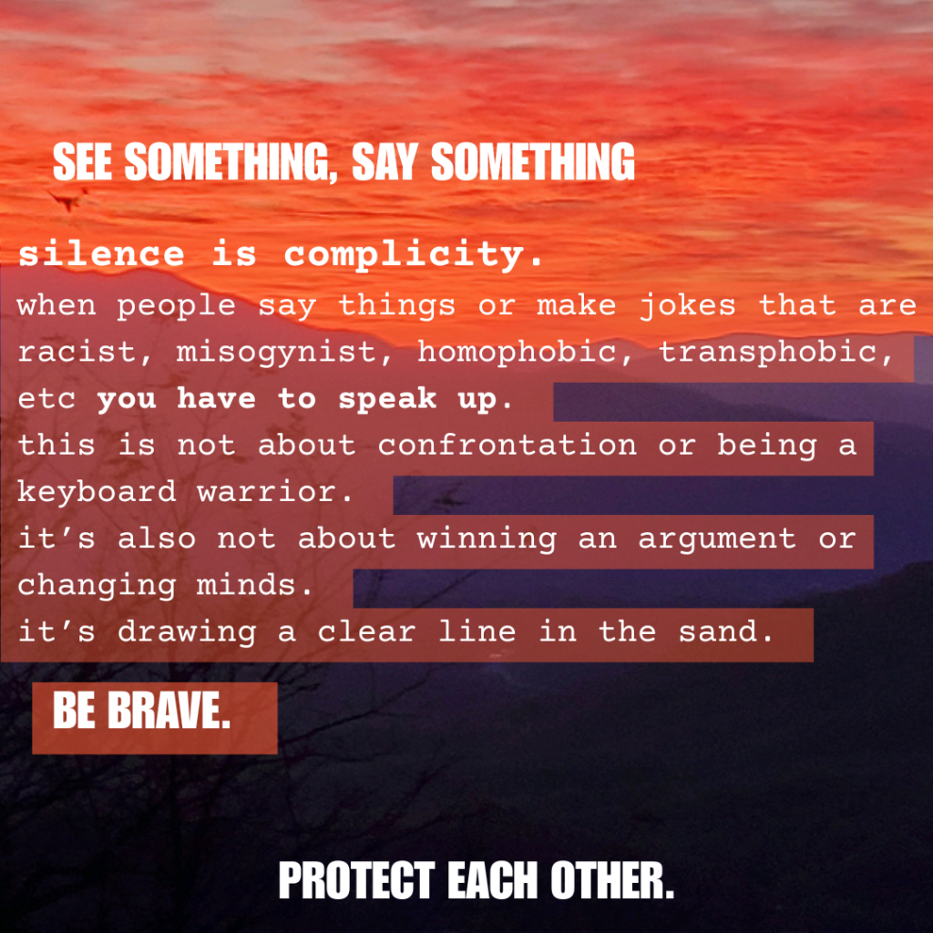 Graphic with and image of a Western North Carolina sunset as the background. Text on the image says "See Something, Say Something" and asks the reader to be brave. 